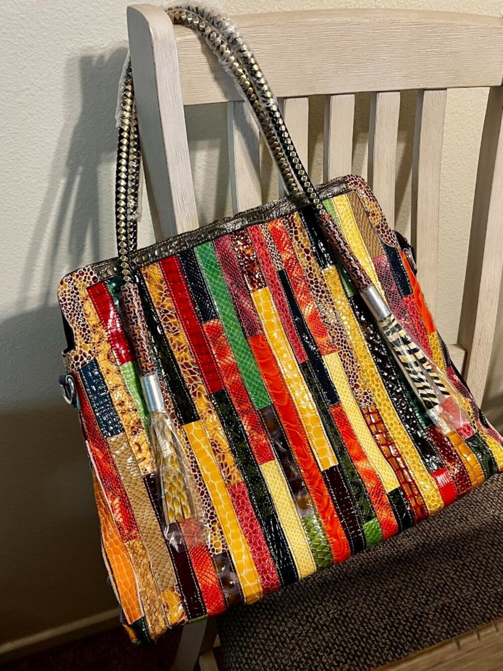 New Handbag Purse Tote Multicolor Patchwork Leather Snakeskin NWOT